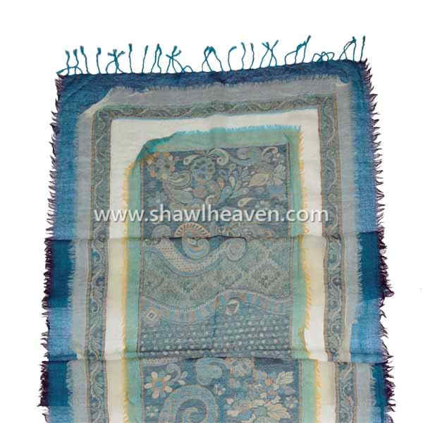Sea green frayed jacquard scarf in indian paisley design